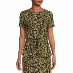 New ⭐ Kasper Tie Front Printed Stretch Knit Jewel Neck Short Sleeve Coordinating Top Black/daffodil Multi 👍