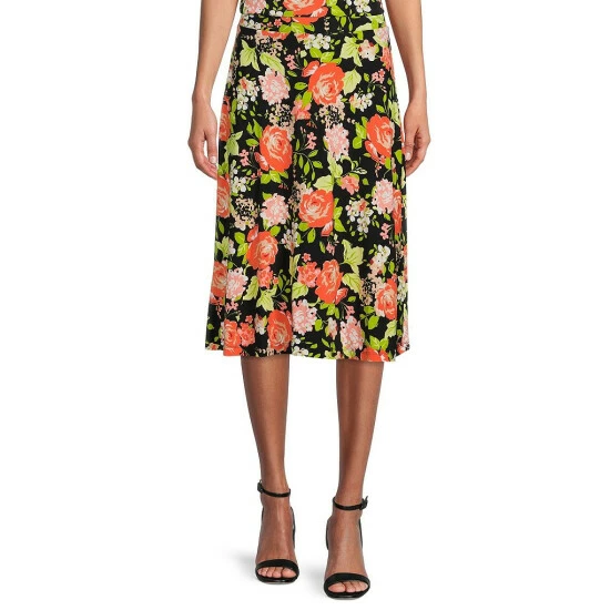 Flash Sale π€© Kasper Petite Size Floral Print Elastic Waist A-Line Flutter Hem Coordinating Midi π Skirt Black/papaya Combo π₯°