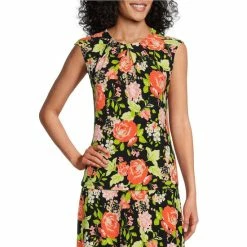 Best Sale 🌟 Kasper Petite Size Floral Print Cap Sleeve Crew Keyhole Neck Coordinating Top Black/papaya Combo ✔️