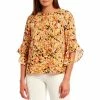 Best Pirce 👏 Kasper Petite Size Printed 3/4 Ruffle Cuff Sleeve Round Neck Blouse Orange Blossom Combo 🔔