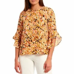 Best Pirce 👏 Kasper Petite Size Printed 3/4 Ruffle Cuff Sleeve Round Neck Blouse Orange Blossom Combo 🔔