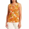 Buy ⭐ Kasper Floral Print Pleated Keyhole Jewel Neck Sleeveless Top Bright Papaya Combo 🛒