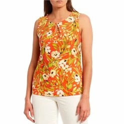 Buy ⭐ Kasper Floral Print Pleated Keyhole Jewel Neck Sleeveless Top Bright Papaya Combo 🛒