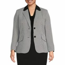 Best deal 👏 Kasper Plus Size Houndstooth Print Long Sleeve Notch Lapel Collar Flap Pocket Two Button Blazer Black/white ❤️