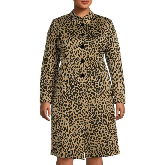 Brand new π Kasper Plus Size Stretch Cheetah Print Jacquard Stand Collar Long Sleeve Button Front π§₯ Coat Doe/black π - Image 3