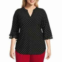 Best deal 😍 Kasper Plus Size Dotted Print 3/4 Flutter Sleeve Tunic Blouse Black/vanilla Ice ✔️