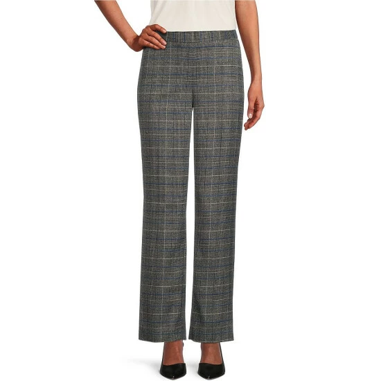 Coupon π Kasper Glen Plaid Print Pull-On High Waist Elastic Back Pants Royal Blue Combo π