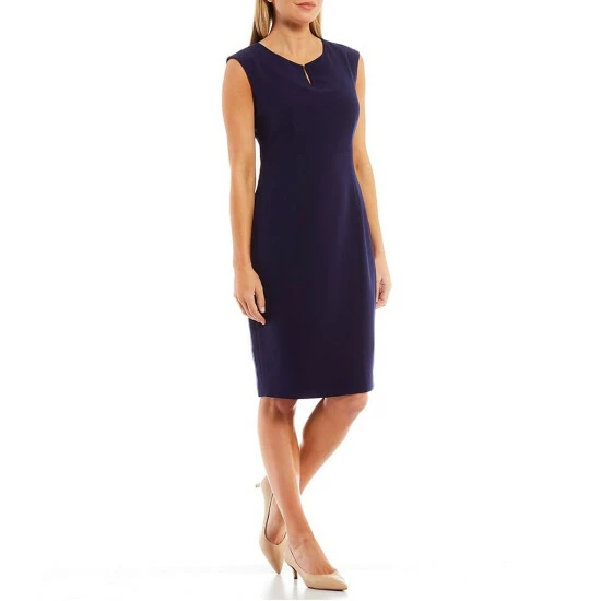 Best Sale ❤️ Kasper Cap Sleeve Split Round Neck Crepe Sheath 👗 Dress Kasper Navy 😍