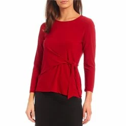 Top 10 😀 Kasper Petite Size 3/4 Sleeve Tie Front Round Neck Top Fire Red ✨