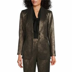 Hot Sale 🎉 Kasper Novelty Jacquard Shawl Collar Long Sleeve Pocketed Coordinating Blazer Black/gold 👍