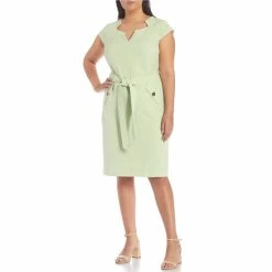 Promo ❤️ Kasper Plus Size Asymmetrical V-Neck Cap Sleeve Belted Pencil 👗 Dress Celery 🛒