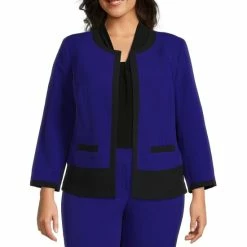 Cheap 😍 Kasper Plus Size Color Block Open Front Long Sleeve Jewel Neck Stretch Crepe Jacket Royal Blue/black 🎉