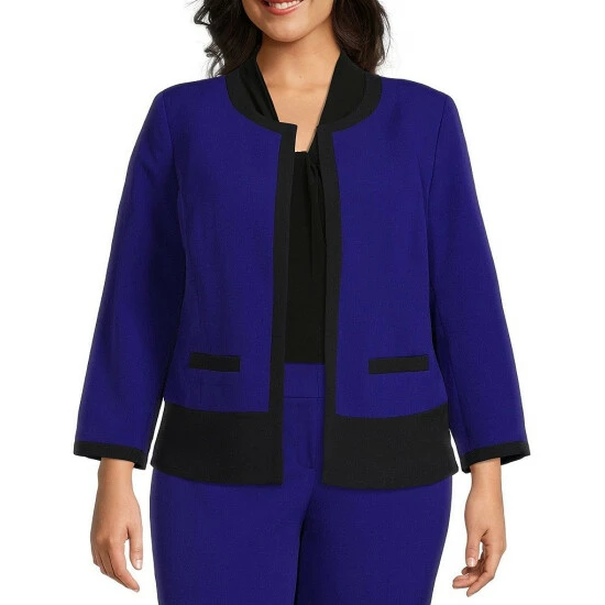 Cheap π Kasper Plus Size Color Block Open Front Long Sleeve Jewel Neck Stretch Crepe Jacket Royal Blue/black π