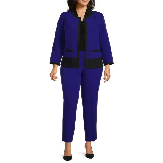 Cheap π Kasper Plus Size Color Block Open Front Long Sleeve Jewel Neck Stretch Crepe Jacket Royal Blue/black π - Image 3