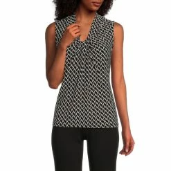 Promo ✔️ Kasper Geometric Print Knot Front Neck Sleeveless Blouse Black/vanilla Ice ⭐