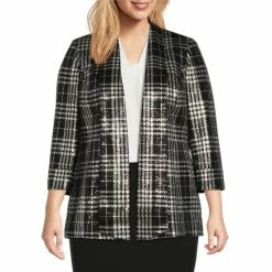 Flash Sale 🎁 Kasper Plus Size 3/4 Sleeve Shawl Collar Metallic Plaid Jacket Black/silver ✨