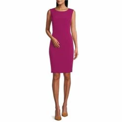 Cheap 🔔 Kasper Sleeveless Banded Crew Neck Stretch Crepe Pencil 👗 Dress Cerise 🧨