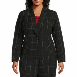 Deals 🥰 Kasper Plus Size Grid Print Notch Collar Button Front Coordinating Blazer Black Multi 🤩