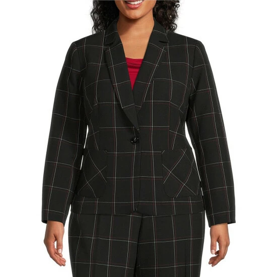 Deals π₯° Kasper Plus Size Grid Print Notch Collar Button Front Coordinating Blazer Black Multi π€©