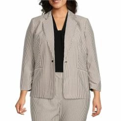 Best Pirce 🎁 Kasper Plus Size Seersucker Printed Notch Lapel Long Ruched Sleeve One Button Coordinating Jacket Grey/white ✔️