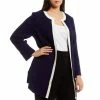 Discount 🌟 Kasper Plus Size Framed Open Front Long Sleeve Contrast Trim Cardigan Jacket Kasper Navy/vanilla Ice 😍