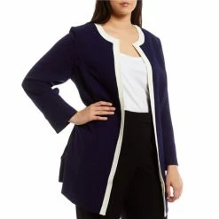 Discount 🌟 Kasper Plus Size Framed Open Front Long Sleeve Contrast Trim Cardigan Jacket Kasper Navy/vanilla Ice 😍
