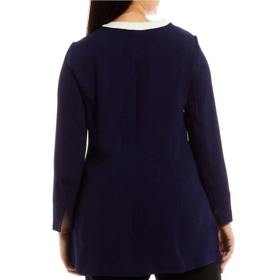 Discount π Kasper Plus Size Framed Open Front Long Sleeve Contrast Trim Cardigan Jacket Kasper Navy/vanilla Ice π - Image 2