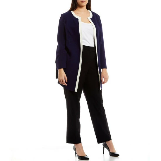 Discount π Kasper Plus Size Framed Open Front Long Sleeve Contrast Trim Cardigan Jacket Kasper Navy/vanilla Ice π - Image 3