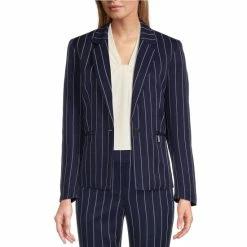 Brand new ๐ฅ Kasper Pinstripe Print Notch Lapel Collar Button Front Coordinating Blazer Navy/vanilla Ice โ๏ธ