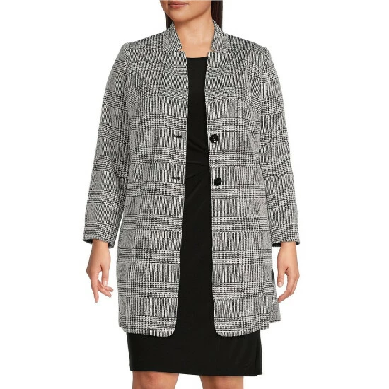 Discount β¨ Kasper Plus Size Plaid Print Stand Collar Button Front Topper Jacket Black/vanilla Ice π
