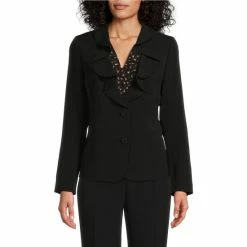 Cheapest 🤩 Kasper Petite Size Stretch Crepe Ruffle Front V-Neck Long Sleeve Jacket Black ✨