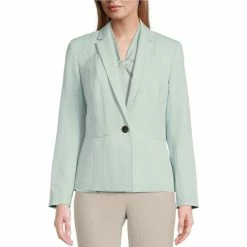 Deals 💯 Kasper Stretch Pebble Crepe Notch Lapel Long Sleeve One Button Seamed Blazer Sea Glass 🔥