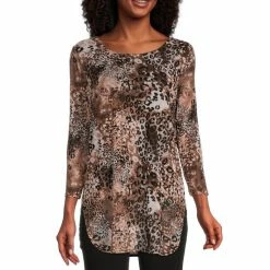 Cheapest 🤩 Kasper Knit Cheetah Print Round Neck 3/4 Sleeve Tunic Chocolate/doe Combo ✨
