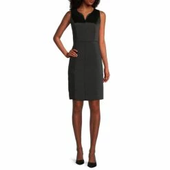 Top 10 🛒 Kasper Split Neck Sleeveless Satin Sheath 👗 Dress Black 🔔