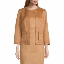 Top 10 🛒 Kasper Petite Size Scuba Suede Open Front Long Sleeve Jacket Pebble 🔔