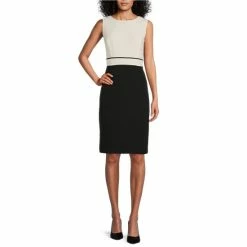 Deals ๐ Kasper Crew Neck Sleeveless Waistband Piped Sheath ๐ Dress Vanilla Ice/black ๐ฅฐ