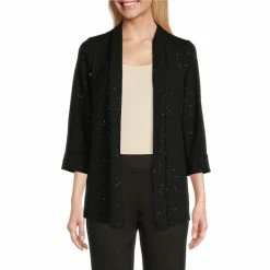 Flash Sale 🌟 Kasper Sparkle Shawl Collar Long Sleeve Open Front Cardigan Black/silver 😉