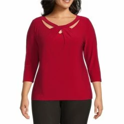 Best deal 🔔 Kasper Plus Size 3/4 Sleeve Cut-Out Twist Crew Neck Knit Top Fire Red ❤️