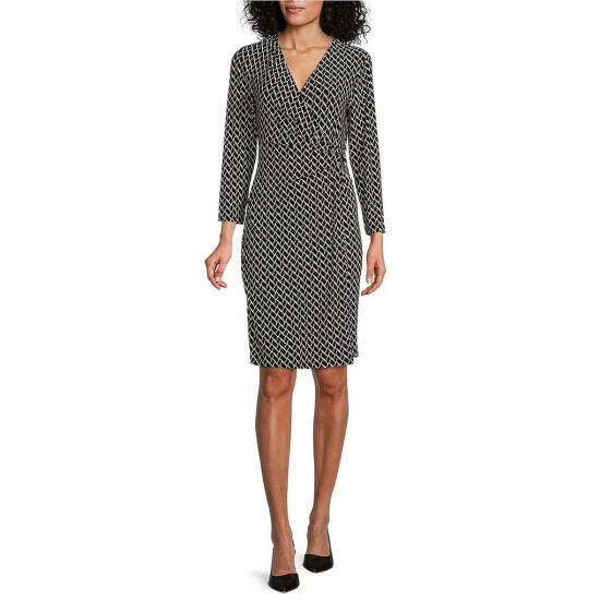 Outlet ⭐ Kasper Petite Size Geometric Print V-Neck 3/4 Sleeve Side Ruched Faux Wrap 👗 Dress Black/vanilla Ice 🤩