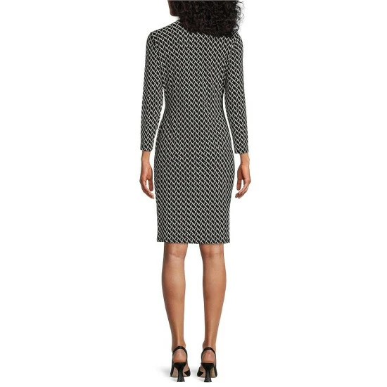 Outlet ⭐ Kasper Petite Size Geometric Print V-Neck 3/4 Sleeve Side Ruched Faux Wrap 👗 Dress Black/vanilla Ice 🤩 - Image 2