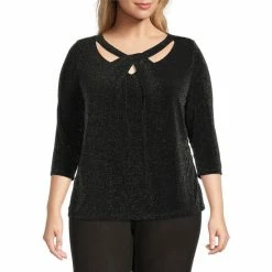 Coupon 🥰 Kasper Plus Size Twisted Scoop Neck Jersey Top Black/silver ⌛