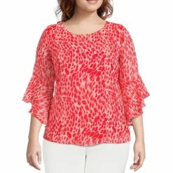 Best reviews of ❤️ Kasper Plus Size Leopard Print Round Neck 3/4 Ruffle Bell Sleeve Blouse Luxe Salmon Combo 😀