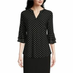 Flash Sale 🎉 Kasper Dotted Print V-Neck 3/4 Tiered Ruffle Sleeve Blouse Black/vanilla Ice 👍