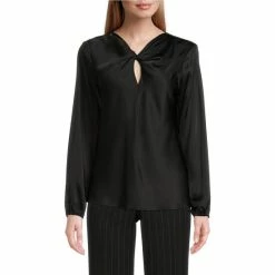 Outlet ✔️ Kasper Satin Long Sleeve Knot Front Blouse Black 👍