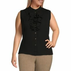 Deals 🔔 Kasper Ruffle Crew Neck Sleeveless Button Front 👕 Shirt Black 😀