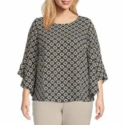 Flash Sale ๐ Kasper Plus Size Geometric Print Round Neck 3/4 Ruffle Sleeve Blouse Fire Red Multi ๐งจ