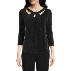 Deals 🌟 Kasper Lurex Twisted Scoop Neck 3/4 Sleeve Blouse Black/silver ⭐