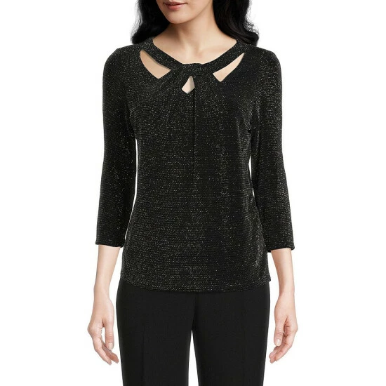 Deals π Kasper Lurex Twisted Scoop Neck 3/4 Sleeve Blouse Black/silver β