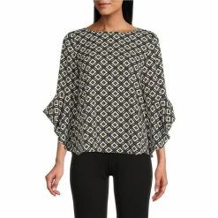 Deals ๐ Kasper Round Neck Ruffle Sleeve Blouse Fire Red Multi โค๏ธ