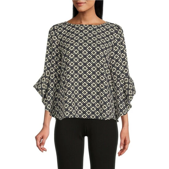 Deals ๐ Kasper Round Neck Ruffle Sleeve Blouse Fire Red Multi โค๏ธ